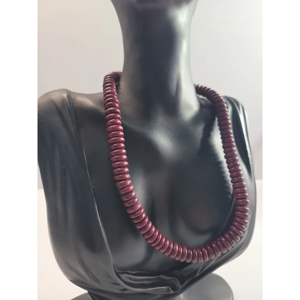 Burgundy Red Disc Bead Necklace Flat Round Beaded Statement Boho Jewelry
